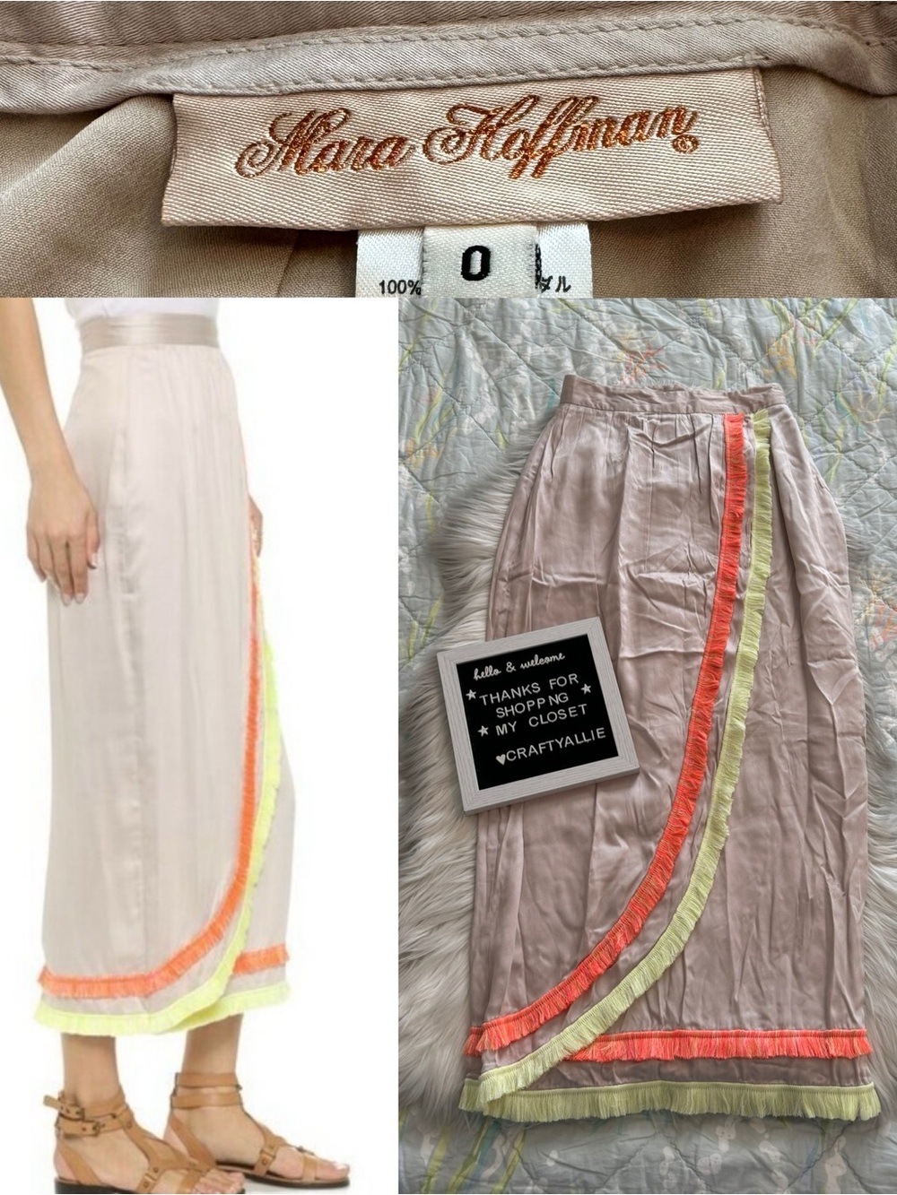 Mara Hoffman Cream Asymmetrical Skirt with Neon Coral & Yellow Trim | Women’s 0